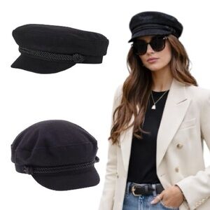 H&M black wool blend stylish captain hat braided trim womens Sz L